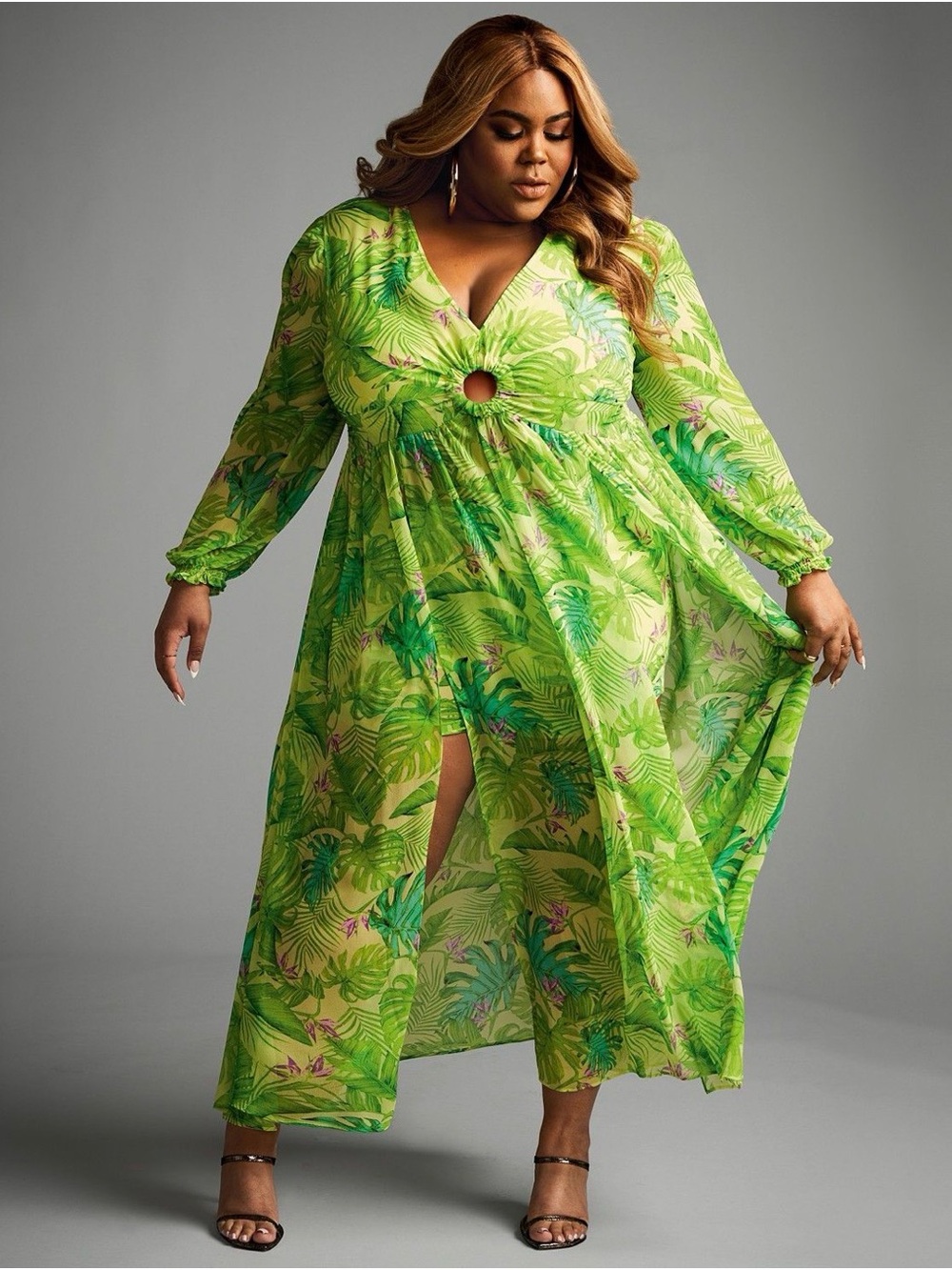 Plus Size Green Tropical Ring-Front Maxi Swim Cover-Up